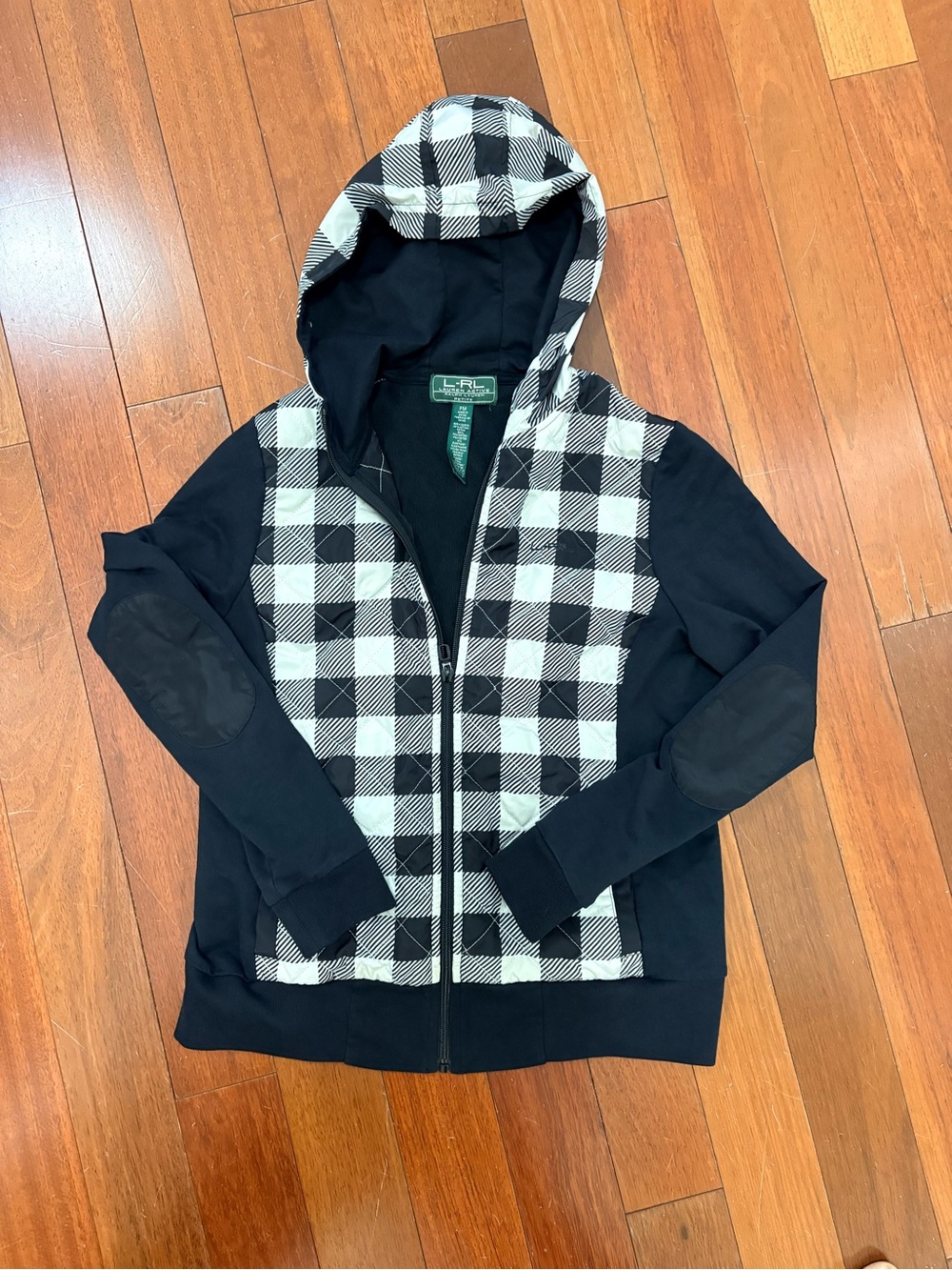 Lauren Active Ralph Lauren Black Hoodie jacket buffalo plaid quilted petite med